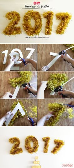 the instructions to make a diy new year's eve sign out of tinsel