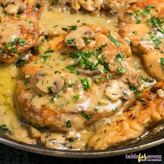 chicken with mushrooms and gravy in a skillet