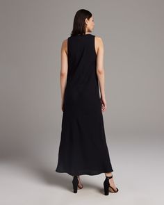 Make an effortless statement with our soft linen maxi dress. The lightweight linen blend makes this the perfect piece for a relaxed warm-weather look. Pair with the Linen Featherlight Blouse or Loose Knit Linen Sweater. 55% Linen, 45% Rayon Made in New York City Unlined Maxi Dress For Daywear, Sleek Maxi Dress For Spring, Chic Unlined Black Maxi Dress, Chic Black Unlined Maxi Dress, Casual Viscose Maxi Dress For Evening, Chic Evening Linen Maxi Dress, Casual Evening Maxi Dress In Viscose, Sleek V-neck Maxi Dress For Summer, Elegant Linen Maxi Dress