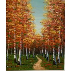 an oil painting of trees with orange and yellow leaves