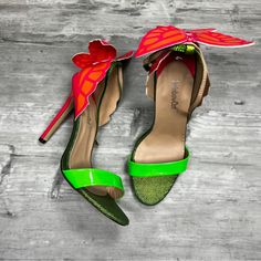 Brand New Excellent Condition Heel Height - 4.5 Pink And Green Butterfly, Butterfly Heels, Fly Shoes, Cat Shoes, Rainbow Cat, Green Butterfly, Shoe Game, Pink And Green, Diva