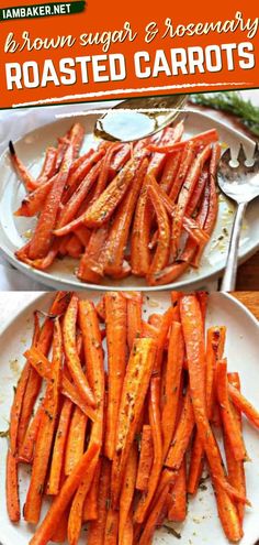 roasted carrots on white plates with brown sugar and rosemary