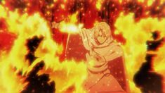 an anime character standing in front of fire