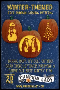 pumpkin carving contest flyer with three carved pumpkins