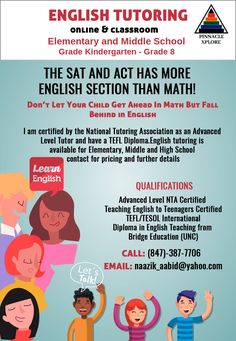 the flyer for an english language class with children and adults in front of it, which is