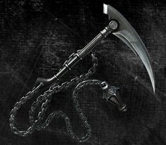 a large knife with chains attached to it's handle and chain around the blade