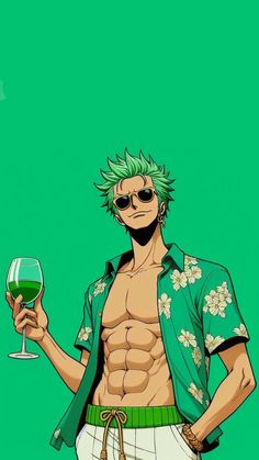 an anime character holding a wine glass in one hand and wearing sunglasses on the other