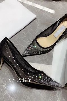 Lasaky - Elegant Netted Shimmer Embellished Single Sole Stiletto Heel Pumps featuring a Pointed Toe and Ultra-High Heel Shoes Dressing, Mesh Heels, Dressing Style, Pumps Heels Stilettos, Silver Flats, Super High Heels, Silver Heels, Heel Pumps, Stiletto Heel