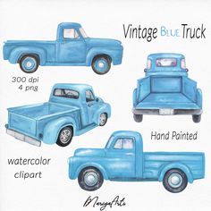 an old blue truck is shown in three different colors and sizes, with the words'vintage blue truck'written below it