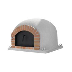 an outdoor brick pizza oven with the door open to show it's outside side