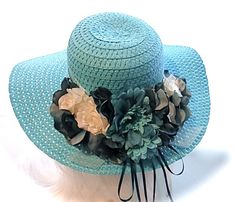 Kentucky Derby Hat Tea Party Womens Hat Sun Hats DH-122 Light Blue Sun Hat For Beach Spring Season, Light Blue Sun Hat For Beach In Spring, Light Blue Summer Hats For Races, Light Blue Summer Hat For Races, Blue Hats With Handmade Flowers For Royal Ascot, Blue Hats With Handmade Flowers For Kentucky Derby, Blue Sun Hat For Kentucky Derby Vacation, Blue Straw Hat For Summer Parties, Elegant Blue Straw Hat For Beach