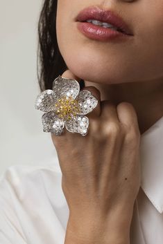 Stefere diamond flower ring in white gold. 18K White Gold Yellow Diamonds 0.65 ctw, White Diamonds 8.72ctw Diamond Flower Ring, Flower Diamond Ring, Yellow Diamonds, Symbolic Jewelry, Sneaker Jewelry, Work Jewelry, Diamond Flower, August Birth Stone, Travel Jewelry