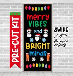 merry vibes and bright minds christmas door hangers with brick wall in the background