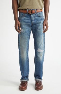 Ripped, repaired and eminently relaxed, these jeans cut from premium nonstretch selvedge denim sport a slimmer fit in the thighs that flares to a classic bootcut profile. 33" leg opening; 11" front rise; 14 1/2" back rise Button fly Five-pocket style 100% cotton Machine wash, line dry Made in the USA Designer Clothing Rugged Selvedge Straight Leg Jeans, Rugged Fitted Jeans With Five Pockets, Classic Fitted Distressed Jeans, Rugged Fitted Straight Leg Jeans, Rugged Five-pocket Rigid Denim Jeans, Rugged Five-pocket Jeans In Rigid Denim, Fitted Faded Selvedge Jeans, Fitted Selvedge Jeans In Faded Color, Rugged Relaxed Fit Straight Leg Jeans