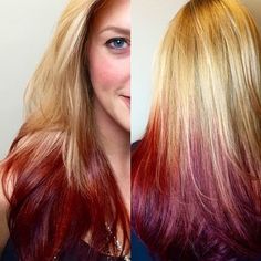 reverse ombre hair blonde to red - Google Search Red Dip Dye Hair Blonde, Red Hair With Rainbow Highlights, Strwberry Blonde Hot Pink Under, Vibrant Strawberry Blonde Hair, Hair Growth Challenge, Dip Dye Hair, Ombre Hair Blonde