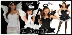 three women dressed up in costumes with angel wings