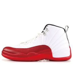 First released in 1997, the Air Jordan 12 Retro ‘Cherry’ 2009 is a retro of one of the most iconic basketball shoes of all time. Worn by Michael Jordan during his record-breaking fifth NBA Championship season, the shoe is just as popular today as it was over 20 years ago.  The white leather upper is accented by a Gym Red textured mudguard, which blends seamlessly into the black and red outsole. The heel features the numbers ‘23’ in white against a red backdrop, while the ribbed pattern in the middle of the outsole reveals a zig-zag design.  Whether you’re a die-hard Jordan fan or simply appreciate a classic sneaker. (SNKR/High Top/Colorblock/Basketball) Throwback Low-top Jordan Shoes For Basketball, Jordan Basketball Shoes With Branded Insole, Classic High-top Basketball Sneakers, Classic Low-top Basketball Shoes For Sports Events, Throwback White Jordan Shoes With Boost Midsole, White Jordan Shoes With Round Toe Throwback Style, White Throwback Jordan Shoes With Round Toe, Leather Jordan Basketball Shoes With Branded Insole, Leather Jordan Basketball Shoes