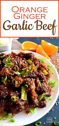 orange ginger garlic beef on a white plate