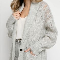 Brand New With Tags Elegant Gray Cardigan For Layering, Elegant Long Sleeve Gray Cardigan, Elegant Gray V-neck Outerwear, Cross Sweater, Ruffle Sleeve Sweater, Boucle Sweater, Sleeveless Sweater Vest, Distressed Sweaters, Linen Tee