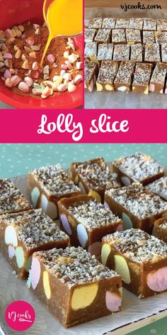 the collage shows different types of food and desserts, including rice krispy treats