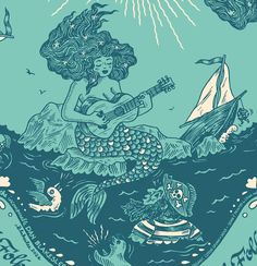 a drawing of a mermaid playing a guitar in the ocean with other sea creatures around her