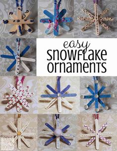 snowflake ornaments made out of popsicle sticks and string with the words easy snowflake ornaments on them