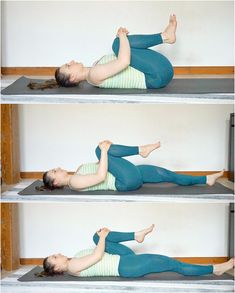 the woman is practicing yoga on her mat