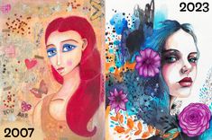 two paintings with different designs on them, one has blue eyes and the other has red hair