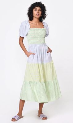 Nola Smocked Gingham Colorblock Midi Dress | Greylin Collection – Greylin Collection | Women's Luxury Fashion Clothing Spring Summer Trends, Luxury Women Fashion, Gingham Dress, Gingham Print, Colorblock Dress, Summer Trends, Fancy Dresses, Invisible Zipper, Puff Sleeves