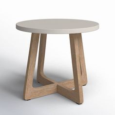 a white round table with wooden legs on an isolated surface, viewed from the front