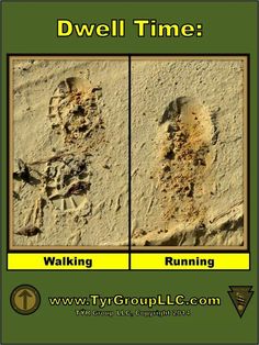 two pictures of footprints in the sand with words that read dwelll time walking and running