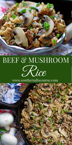 beef and mushroom rice in a skillet with green onions, mushrooms and scallions