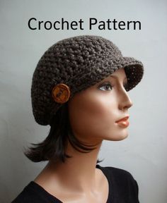 a woman wearing a crochet hat with a button on the front and side