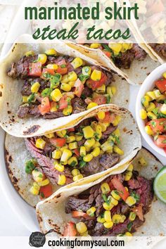 steak tacos with corn and salsa on the side