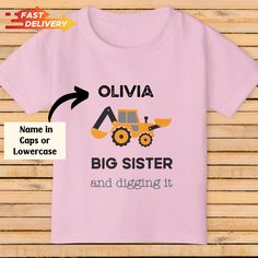 Surprise your little one with this charming "Big Sister" tractor-themed t-shirt, perfect for celebrating her new role! This custom t-shirt, featuring the name of your child is an adorable and fun way to announce a pregnancy or to make your them feel extra special as they step into the big sister role. 🧡 Features: High-Quality Material: Crafted from 100% preshrunk cotton, this Gildan 5100P t-shirt is soft, breathable, and perfect for sensitive skin. Vibrant Design: The playful tractor graphic an Cute Personalized Crew Neck T-shirt, Personalized Pink Short Sleeve T-shirt, Pink Personalized Short Sleeve T-shirt, Personalized Cute Crew Neck T-shirt, Tractor Graphic, Big Sister T Shirt, New Baby Names, New Sibling, Growing Family