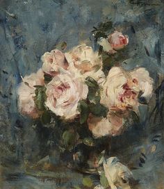 a painting of white roses in a vase