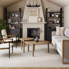 a living room filled with furniture and a fire place