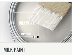 a white paint can with the words milk paint on it and an image of a brush