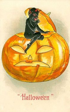 a black cat sitting on top of a jack - o'- lantern with the words halloween written below it