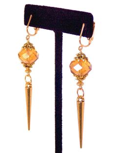 Glass Amber Antique Gold Long Dangle Drop Spike Statement Gold Faceted Crystal Earrings For Party, Head Pins, Hypoallergenic Earrings, Amber Glass, 22k Gold, Bead Caps, Faceted Bead, Statement Jewelry, Antique Gold