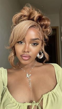 Prom Hairstyles Big Forehead, 90s Curly Bun Black Women, Birthday Wig Hairstyles Ideas Black Women, Weave Updos For Black Women, Classy Frontal Hairstyles, Updo Styles For Black Women Prom, Braided Ponytail Hairstyles Black Women With Curls, Honey Blonde Updo Black Women, Messy Updo Black Women Natural Hair