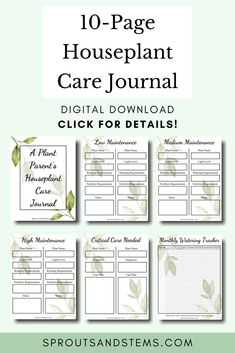 the 10 page houseplant care journal is shown with text overlaying it