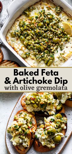 baked feta and artichoke dip with olive gremolata