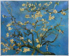 a painting of a tree with white flowers on it's branches in front of a blue background