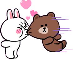 a drawing of a teddy bear and a rabbit kissing each other with hearts flying around