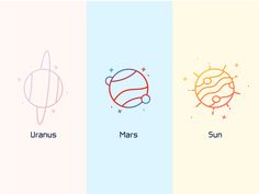 four different types of planets with the words venus, mars and sun written in them