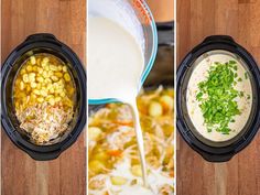 three pictures showing the process of making corn soup in an instant pot and then adding milk to it