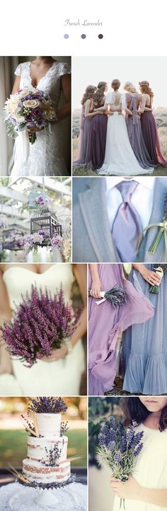 a collage of photos with lavenders and flowers in the center, including two bridesmaid's dresses