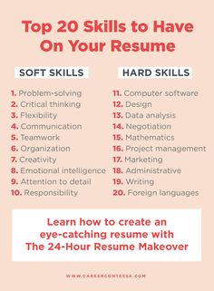 the top 20 skills to have on your resume info sheet is shown in red and white