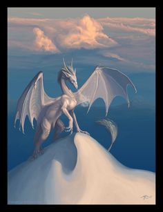 a white dragon sitting on top of a hill next to two smaller gray ones in the sky